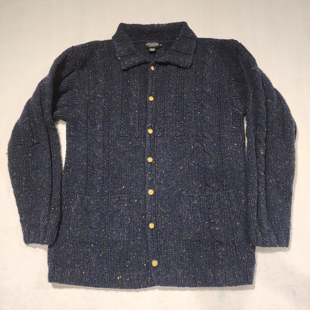 J. Peterman Company 100% Wool Navy Blue Cableknit Cardigan Sweater Men's Medium‎